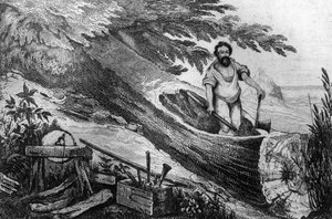 Wykopałem ją bez pomocy rytu ogniowego według rysunku M. de Sainsona do Księgi Daniela Defoe (De foe) „Robinson Crusoe”” wydanie francuskie z 1837 r.