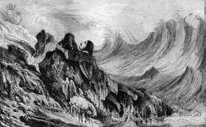 Postanowiłem przywiązać się do punktu naskalnego… grawerowania według rysunku pana de Sainsona do Księgi Daniela Defoe (De foe) „Robinson Crusoe”” wydanie francuskie z 1837 roku.