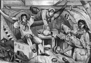 Byłem pijany i w noc rozpusty utopiłem wszystkich moich skruszonych... grawerowanie według rysunku pana de Sainson do Księgi Daniela Defoe (De foe) „Robinson Crusoe”” wydanie francuskie z 1837 roku.