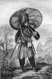 Miałem na sobie kapelusz wysokiego wzrostu... grawerowanie według rysunku M. de Sainsona do Księgi Daniela Defoe (De foe) „Robinson Crusoe”” wydanie francuskie z 1837 r.