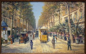 Avenue de la Gare w Nicei (obecna aleja Jean Medecin). Po lewej stronie znajduje się kolumna Morrisa. Obraz Louisa Berouda (1852-1930), olej na płótnie, sztuka francuska, początek XX wieku. Muzeum Massena, Nicea.