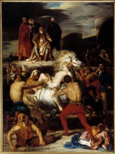 Męka Mazeppy. Mazeppa jest przywiązany do dzikiego konia na rozkaz hrabiego Palatyna, którego obraził. Ilustracja do wiersza Lorda Byrona „Mazeppa”. Obraz Louisa Boulangera (1806-1867)