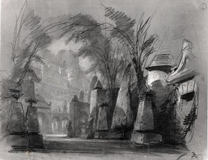 Scenografia do „Les Burgraves” (1843) autorstwa Victora Hugo (1802-85) (ołówek ? na papierze) (zdjęcie czarno-białe) autorstwa Louis Boulanger