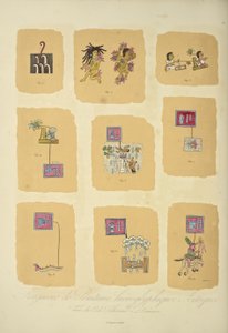 Fragmenty hieroglifów azteckich z Kodeksu Telleriano-Remensis, ilustracja z „Widoki Kordylierów i pomników ludów tubylczych Ameryki” autorstwa Alexandra von Humboldta i Aime Bonplanda