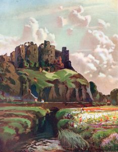 Zamek Harlech, Merionethshire (kolorowa litografia) autorstwa Louis Burleigh-Bruhl