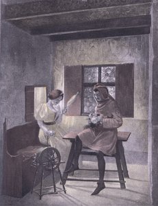 Simona spinning, ilustracja z Decameron of Boccaccio wydana przez Navarre Society, lata 30. (lito)