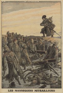 Żołnierz rosyjski odkrywa niemiecki rów z karabinami maszynowymi obsadzonymi przez atrapy żołnierzy; Pierwsza Wojna Swiatowa autorstwa Louis Charles (after) Bombled