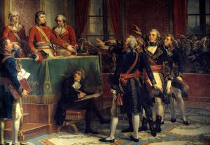 Trzej konsulowie: Bonaparte, Cambaceres i Lebrun odbierają przysięgi prezydentów Po prawej Emmanuel-Joseph (Emmanuel Joseph) Sieyes (1748-1836) i Pierre-Roger (Pierre Roger) Ducos (Roger Ducos) (1747-1816). Obraz Louis Charles Auguste Coud