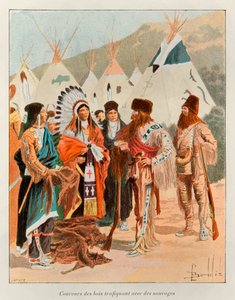 Zbombardowany Ludwik (1862 - 1927); Coureur des bois handlarze z dzikusami w XVIII wieku (traper w Kanadzie); Historia Nowej Francji Eugene Guenin - 1900 - Coll, cz. autorstwa Louis Charles Bombled