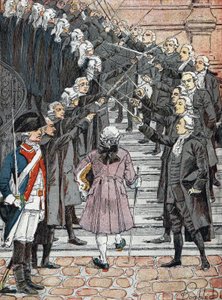 Rewolucja Francuska: Król Francji Ludwik XVI wezwany do ratusza w Paryżu przecina „stalowe sklepienie” strażników autorstwa Louis Charles Bombled
