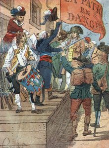 Wojny o rewolucję francuską: dobrowolne zaciągi po klęsce Francji w wojnie między rewolucyjną Francją a kontrrewolucyjnymi monarchiami, francuskie zgromadzenie ogłasza Niebezpieczeństwo dla Ojczyzny, 22 lipca 1792 r. Ilustracja Louis Charles autorstwa Louis Charles Bombled