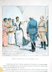 Generał Duchesne i jego oficerowie podczas ceremonii kąpieli królowej Ranavalony III (1862-1917), z "La Guerre a Madagascar" H.Galli, koniec XIX wieku (litografia kolorowa) autorstwa Louis Charles Bombled