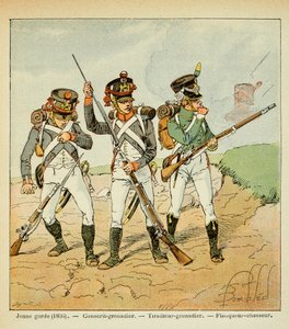 Ilustracja autorstwa Bombleda Louisa (1862-1927) z książki "Pamiątka Świętej Heleny" hrabiego Emmanuela de Las Cases (1766-1842): Młoda Gwardia z 1806 roku: grenadier poborowy; grenadier strzelec i myśliwy flankowy, Kolekcja prywatna autorstwa Louis Charles Bombled