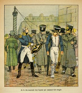 Ilustracja autorstwa Bombled Louisa (1862-1927) z książki „Memoriał św. Heleny” hrabiego Emmanuela de Las Cases (1766-1842): Były oficer Napoleona, w trakcie renowacji, wzywa byłych poborowych do odrzucenia reżimu cesarskiego, Kolekcja częściowa autorstwa Louis Charles Bombled