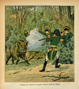 Ilustracja autorstwa Bombleda Louisa (1862-1927) z książki "Pamiątka Świętej Heleny" hrabiego Emmanuela de Las Cases (1766-1842): Cesarz Napoleon poluje na dzika w lesie Marly, zbiory prywatne autorstwa Louis Charles Bombled