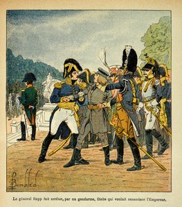 Ilustracja Bombled Louis (1862-1927) z książki „Memoriał św. Heleny” hrabiego Emmanuela de Las Cases (1766-1842): Generał Rapp aresztujący przez żandarma młodego Stabsa, który chciał zamordować cesarza Napoleona, Odbiór częściowy autorstwa Louis Charles Bombled