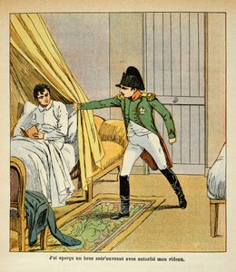 Ilustracja autorstwa Bombleda Louisa (1862-1927) z książki "The Memorial of Saint Helene" hrabiego Emmanuela de Las Cases (1766-1842): Napoleon budzi Las Casesa w łóżku w St. Helene, kolekcja prywatna autorstwa Louis Charles Bombled