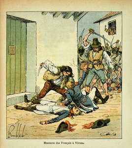 Ilustracja Bombled Louis (1862-1927) z książki „Memoriał św. Heleny” hrabiego Emmanuela de Las Cases (1766-1842): Masakra żołnierzy francuskich w Weronie, zbiory prywatne autorstwa Louis Charles Bombled