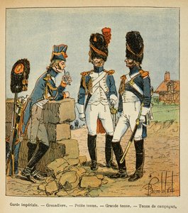 Ilustracja autorstwa Bombleda Louisa (1862-1927) z książki "Pamiątka Świętej Heleny" autorstwa hrabiego Emmanuela de Las Cases (1766-1842): Grenadierzy Gwardii Cesarskiej: Mały strój, duży strój i strój wiejski, Kolekcja prywatna autorstwa Louis Charles Bombled