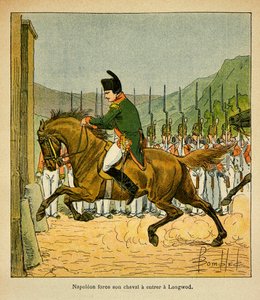 Ilustracja autorstwa Bombled Louisa (1862-1927) z książki „The Memorial of St. Helene” hrabiego Emmanuela de Las Cases (1766-1842): Cesarz Napoleon zmusza swojego konia do wjazdu do Longwood w St. Helene, kolekcja prywatna