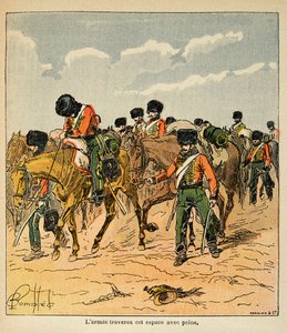 Ilustracja Bombled Louis (1862-1927) z książki „Memoriał św. Heleny” hrabiego Emmanuela de Las Cases (1766-1842): Armia cesarska z trudem przemierza rosyjskie równiny przed Moskwą, zbiory prywatne autorstwa Louis Charles Bombled