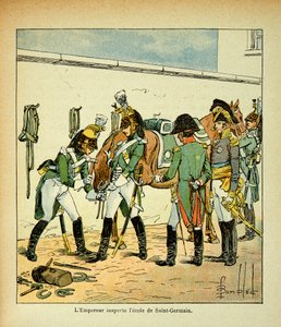 Ilustracja Bombled Louis (1862-1927) z książki „The memorial se Sainte Helene” hrabiego Emmanuela de Las Cases (1766-1842): Cesarz Napoleon inspekcyjny w szkole Saint Germain, kolekcja prywatna autorstwa Louis Charles Bombled
