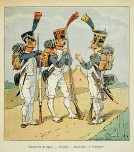 Ilustracja zbombardowanego Ludwika (1862-1927) z książki „Memoriał św. Heleny” hrabiego Emmanuela de Las Przypadki (1766-1842): Armee Francaise: Piechota liniowa: fizylier, grenadier i woltyger, zbiory prywatne autorstwa Louis Charles Bombled