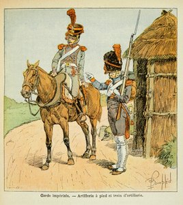 Ilustracja zbombardowanego Louisa (1862-1927) z książki „Memoriał św. Heleny” hrabiego Emmanuela de Las Cases (1766-1842): Gwardia cesarska: artyleria pieszo i pociąg artyleryjski, kolekcja prywatna autorstwa Louis Charles Bombled