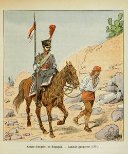 Ilustracja zbombardowanego Louisa (1862-1927) z książki „Memoriał św. Heleny” hrabiego Emmanuela de Las Cases (1766-1842): French Armee in Spain: Lancier gendarme 1811, kolekcja prywatna autorstwa Louis Charles Bombled