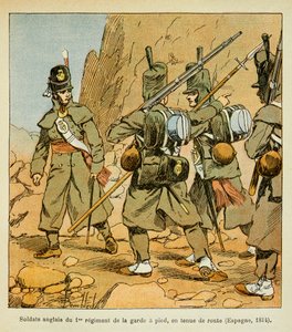 Ilustracja zbombardowanego Ludwika (1862-1927) z książki „Memoriał św. Heleny” hrabiego Emmanuela de Las Cases (1766-1842): Angielscy żołnierze 1. Pułku Gwardii na stoisku drogowym (Hiszpania 1814), zbiory prywatne autorstwa Louis Charles Bombled