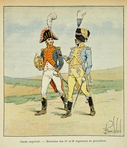 Ilustracja zbombardowanego Ludwika (1862-1927) z książki „Memoriał św. Heleny” hrabiego Emmanuela de Las Przypadki (1766-1842): Gwardia cesarska: Muzycy 1 i 2 pułków grenadierów, kolekcja prywatna autorstwa Louis Charles Bombled