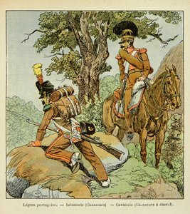Ilustracja zbombardowanego Ludwika (1862-1927) z książki „Memoriał św. Heleny” hrabiego Emmanuela de Las Przypadki (1766-1842): Legion Portugalski: Piechota (myśliwi) i kawaleria (myśliwi na koniach), zbiory prywatne autorstwa Louis Charles Bombled