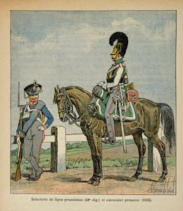 Ilustracja zbombardowanego Ludwika (1862-1927) z książki „Pomnik św. Heleny” hrabiego Emmanuela de Las Cases (1766-1842): Piechota linii pruskiej (42, pułk eme) i pruskie pancerniki autorstwa Louis Charles Bombled
