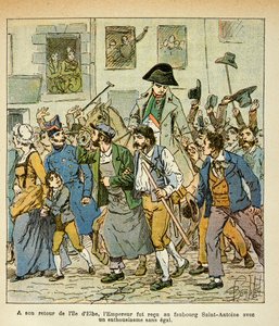 Ilustracja zbombardowanego Ludwika (1862-1927) z książki „Pamiątka św. Heleny” hrabiego Emmanuela de Las Cases (1766-1842): Po powrocie z Elby cesarz został przyjęty w faubourg Saint Antoine z niezrównanym entuzjazmem, Szczególna kolekcja autorstwa Louis Charles Bombled