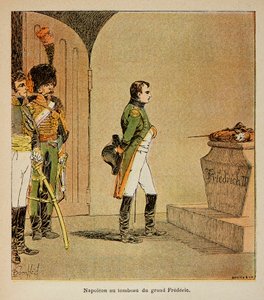Ilustracja zbombardowanego Ludwika (1862-1927) z książki „Pomnik św. Heleny” hrabiego Emmanuela de Las Cases (1766-1842): Napoleon medytujący nad trumną Fryderyka II Pruskiego w krypcie GarnisonKirche w Poczdamie w 1806, prywatna kolekcja autorstwa Louis Charles Bombled