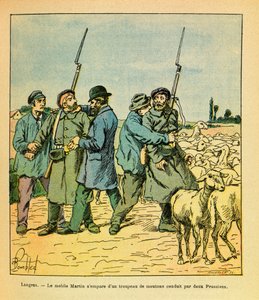 Wschodnia Armia Eugeniusza Sierżant, dit Grenest, zilustrowana przez Louisa Bombleda (1862-1927) (Wojna francusko-niemiecka; kampania 1870-1871): Martin mobile, przebrany za chłopa, zabrał stado owiec prowadzone przez dwóch Prusaków do Langres w listopadzi autorstwa Louis Charles Bombled