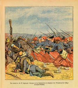 Armee Wschodnia Eugeniusza Sierżanta dit Grenest, ilustrowana przez Louisa Bombleda (1862-1927) (wojna francusko-niemiecka; kampania 1870-1871): Żuawi z 3. Pułku szarżują na baonette i wypędzają Prusaków z wioski Auxon-Dessus podczas kampanii 1870-1871. autorstwa Louis Charles Bombled