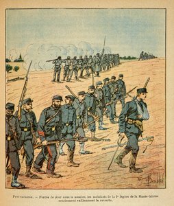 Wschodnia Armia Eugeniusza Sierżanta, znana jako Grenest, zilustrowana przez Louisa Bombleda (1862-1927) (Wojna francusko-niemiecka; kampania 1870-1871): W Provencheres mobilizacja 2. Legionu Górnej Marny zmusiła liczba wrogów autorstwa Louis Charles Bombled
