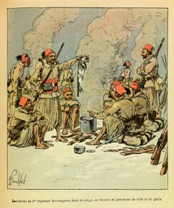 Wschodnia Armia Eugeniusza Sierżanta, znana jako Grenest, zilustrowana przez Louisa Bombleda (1862-1927) (Wojna francusko-niemiecka; kampania 1870-1871): styczeń 1871, Turcy z 1 pułku biwakowali na śniegu, w bluzach i spodnie z płótna i gołej opłaty autorstwa Louis Charles Bombled