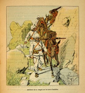Wojna na Madagaskarze – anegdotyczna historia francuskich ekspedycji z lat 1885-1895 Henri Galli dit Galllichet (1854-1922), ilustracja Louis Bombled (1862-1927): Artyleria górska na drodze Andriba do Madagaskaru w 1895 r., zbiory prywatne autorstwa Louis Charles Bombled