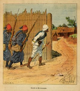 Wojna na Madagaskarze – anegdotyczna historia francuskich ekspedycji z lat 1885-1895 Henri Galli dit Galllichet (1854-1922), zilustrowana przez Louisa Bombleda (1862-1927): wojska francuskie wkroczyły do wioski Mevatanana w 1895 r., zbiory prywatne autorstwa Louis Charles Bombled