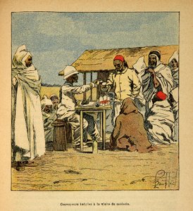 Wojna na Madagaskarze-Anegdota Historia francuskich ekspedycji 1885-1895 Henri Galli dit Galllichet (1854-1922), ilustracja Louis Bombled (1862-1927): Convoyeurs Kabiles wizyta lekarza wojskowego, zbiory prywatne autorstwa Louis Charles Bombled