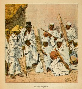 Wojna na Madagaskarze-Anegdota Historia francuskich ekspedycji 1885-1895 Henri Galli dit Galllichet (1854-1922), ilustracja Louis Bombled (1862-1927): Madagaskarscy muzycy w XIX wieku, kolekcja prywatna autorstwa Louis Charles Bombled
