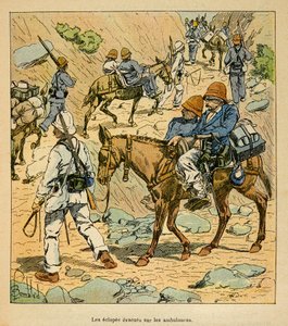 Wojna na Madagaskarze – anegdotyczna historia francuskich ekspedycji z lat 1885-1895 Henri Galli dit Galllichet (1854-1922), zilustrowana przez Louisa Bombleda (1862-1927): The Eclopes of the Arm Escapes on Fortune Ambulances in Madagaskar, kolekcja prywat autorstwa Louis Charles Bombled