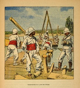 The War in Madagascar-Anecdotal History of the French Expeditions of 1885-1895 autorstwa Henri Galli dit Galllichet (1854-1922), ilustrowana przez Louis Bombled (1862-1927): Budowa mostu przez dżina na rzece Ikopa w 1895 r., kolekcja prywatna autorstwa Louis Charles Bombled