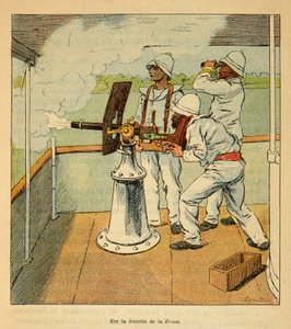 Wojna na Madagaskarze – anegdotyczna historia francuskich ekspedycji z lat 1885-1895 Henri Galli dit Galllichet (1854-1922), ilustrowana przez Louisa Bombleda (1862-1927): Działo wystrzelone na Hovas na pokładzie kanonierki „La Brave” w 1895 r., Kolekcja p autorstwa Louis Charles Bombled