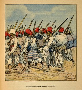 The War in Madagascar-Anecdotal History of the French Expeditions of 1885-1895 autorstwa Henri Galli dit Galllichet (1854-1922), ilustrowana przez Louis Bombled (1862-1927): Kolumna tirailleurs z Haoussas maszerująca w 1895 r., kolekcja prywatna autorstwa Louis Charles Bombled