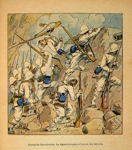 Wojna na Madagaskarze-Anegdota Historia francuskich ekspedycji z lat 1885-1895 Henri Galli dit Galllichet (1854-1922), zilustrowana przez Louisa Bombleda (1862-1927): Bitwa pod Cynainondry, obcy legion podczas ataku na baterie Hovas w 1895 r. Pr autorstwa Louis Charles Bombled