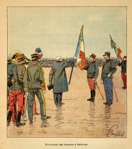 Wojna na Madagaskarze-Anegdotyczna historia francuskich ekspedycji z lat 1885-1895 Henri Galli dit Galllichet (1854-1922), zilustrowana przez Louisa Bombleda (1862-1927): Dystrybucja flag w Sathonay żołnierzom wyruszającym na Madagaskar w 1895 roku prasa autorstwa Louis Charles Bombled