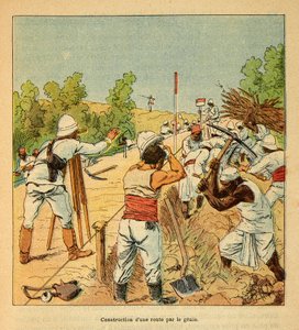 Wojna na Madagaskarze-Anegdota Historia francuskich ekspedycji 1885-1895 Henri Galli dit Galllichet (1854-1922), ilustracja Louis Bombled (1862-1927): Budowa drogi na Madagaskarze przez Genie w 1895, zbiory prywatne autorstwa Louis Charles Bombled